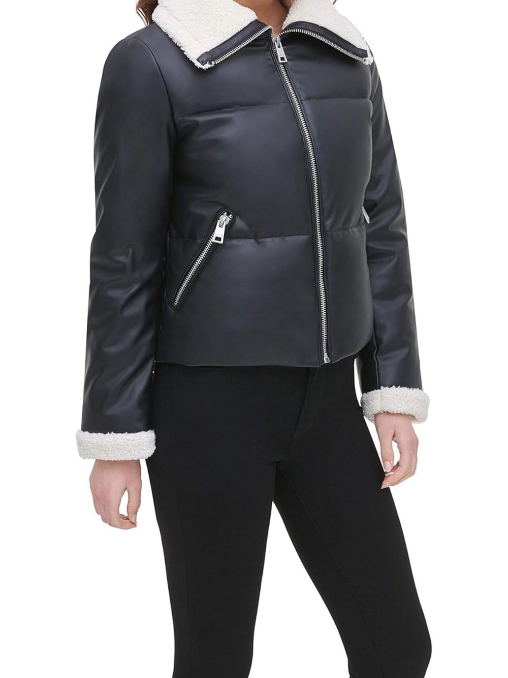 Levi's Black Faux Leather Puffer Jacket with Cream Sherpa Trim